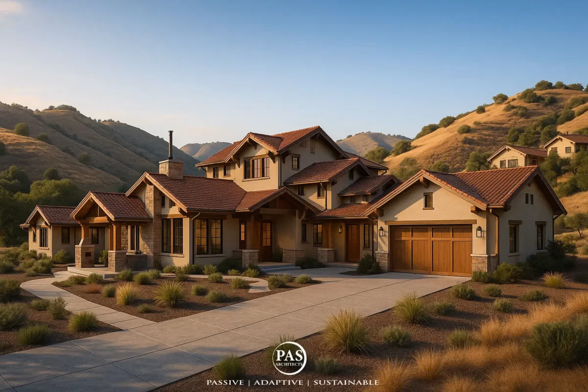 California hillside home with rustic architectural design and red tile roof