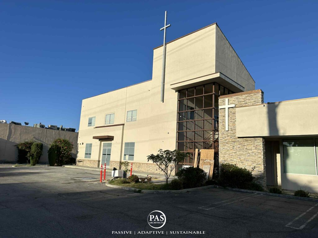 Construction progress photo of facade renovation at Korean Church of SW LA, designed by PAS Architects