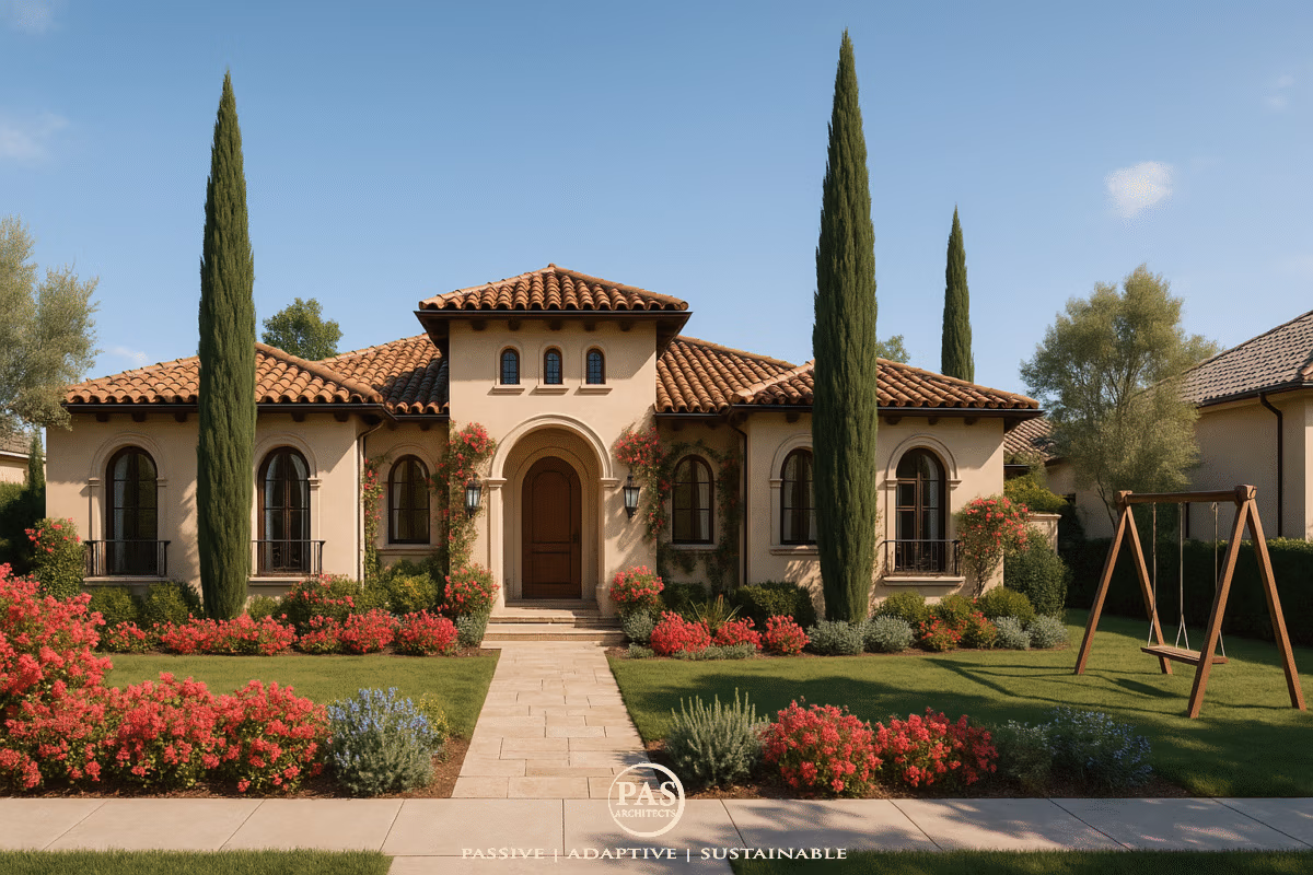 Mediterranean-style custom home exterior in Cerritos with clay tile roof