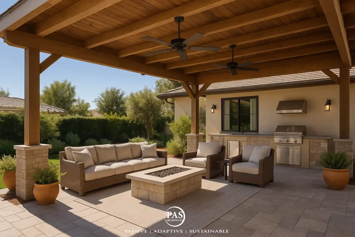Covered outdoor patio with wood ceiling, ceiling fans, firepit, and built-in BBQ station