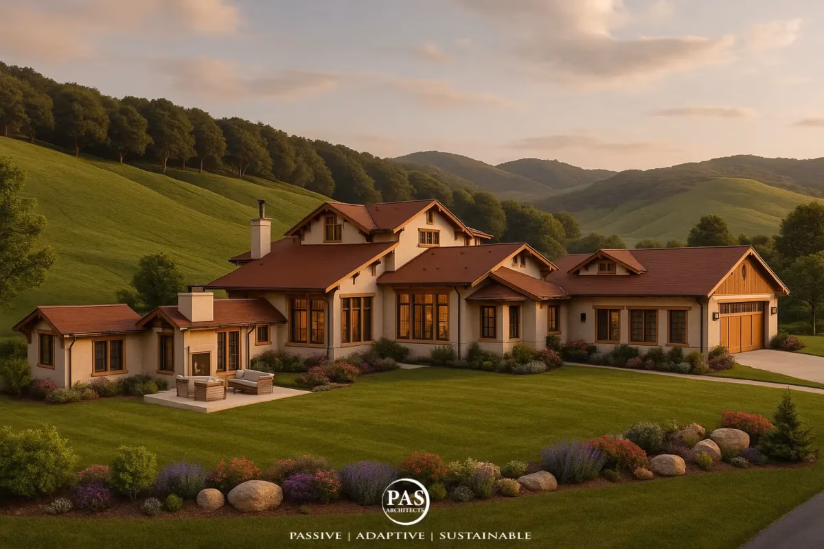 Elegant California countryside home surrounded by green hills and lush landscaping