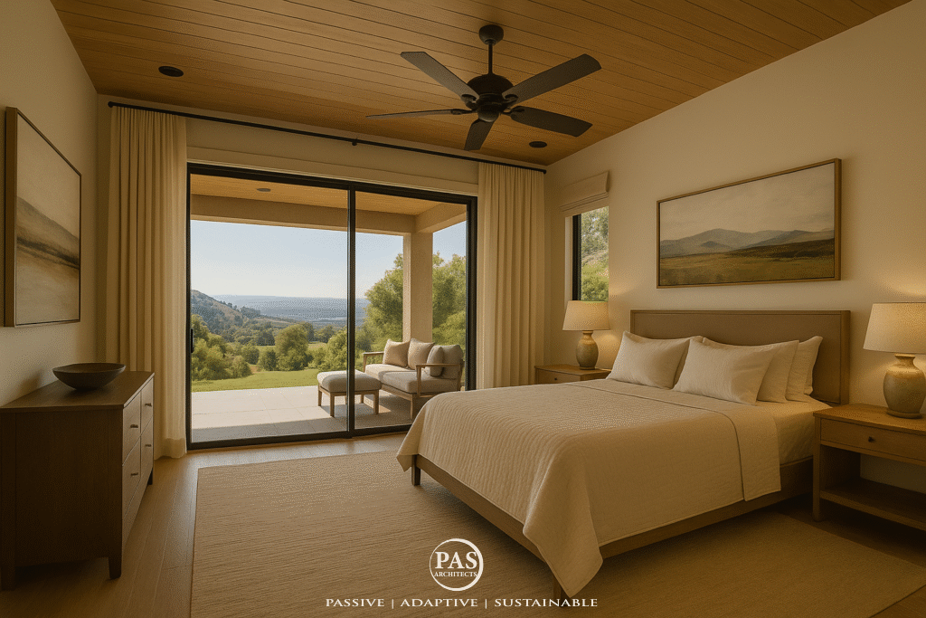 Modern hillside bedroom with sliding glass doors and natural wood ceiling