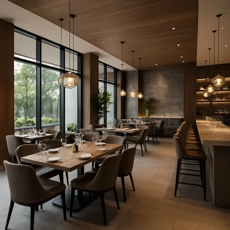 Upscale modern restaurant interior with pendant lights and seating