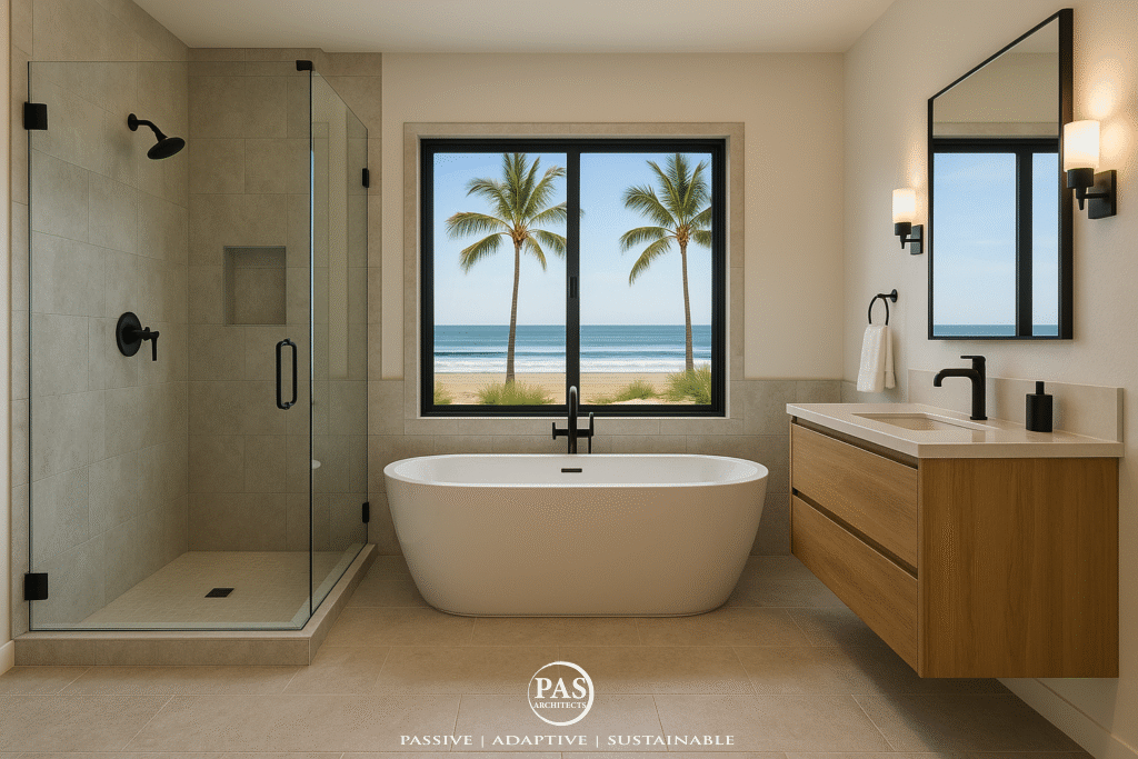 California coastal bathroom with glass shower, soaking tub, and floating vanity