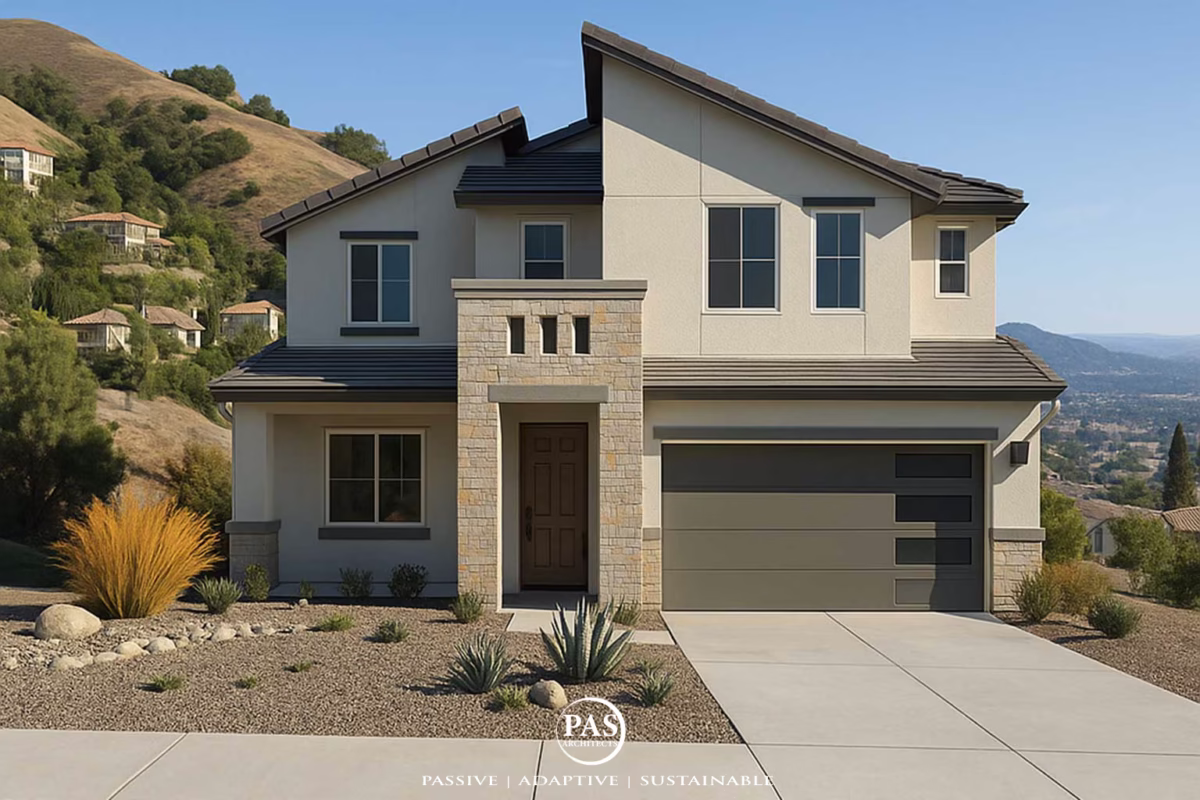 Modern California hillside home with stucco and stone exterior, drought-tolerant landscaping, and panoramic mountain views.