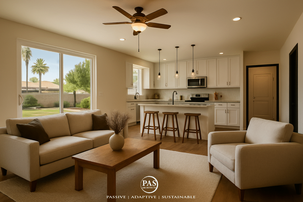 Open-concept living room and kitchen with natural light and neutral modern furnishings