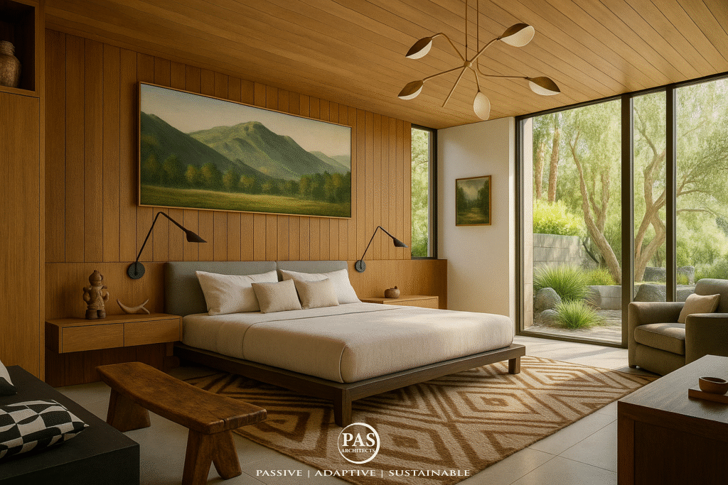 Modern desert bedroom with wood ceiling, floor-to-ceiling windows, and nature-inspired decor. Southwestern Home Design