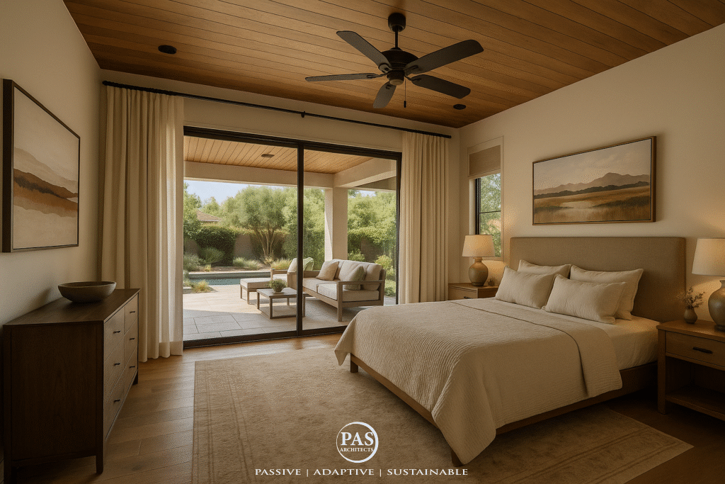 Southwest desert home concept bedroom with natural light, sliding glass doors, and outdoor patio view
