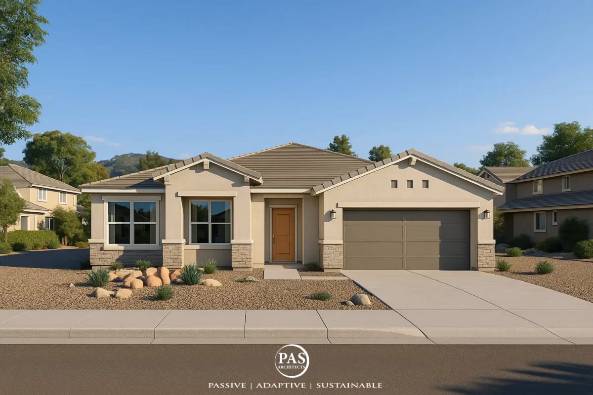 Single-story desert home concept with stucco façade, stone accents, and drought-tolerant landscaping in a suburban Southwest neighborhood.