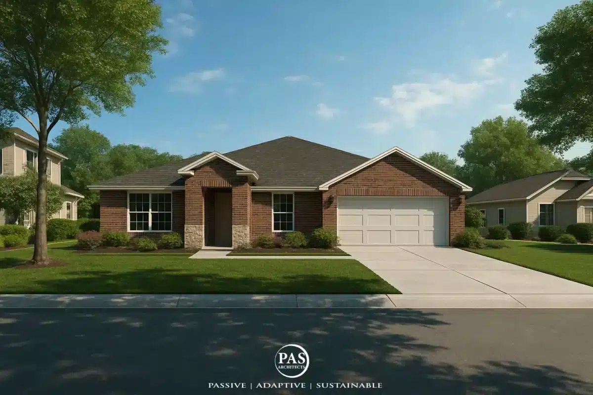 Front view of a brick and stone single-story home with a gable roof and attached garage, part of the Fung Residence in Garland, Texas.