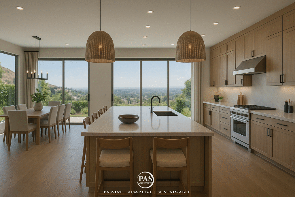 Modern hillside concept kitchen with marble island and panoramic views. California Hillside Home Design