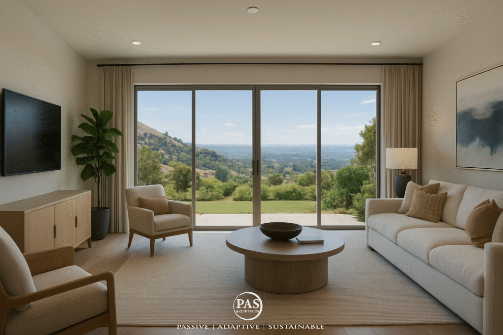 Bright hillside living room with floor-to-ceiling windows and scenic views