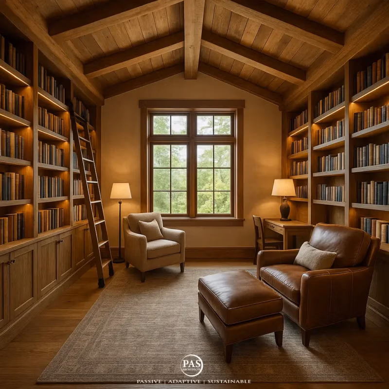 Cozy home library with built-in shelves and natural wood finishes