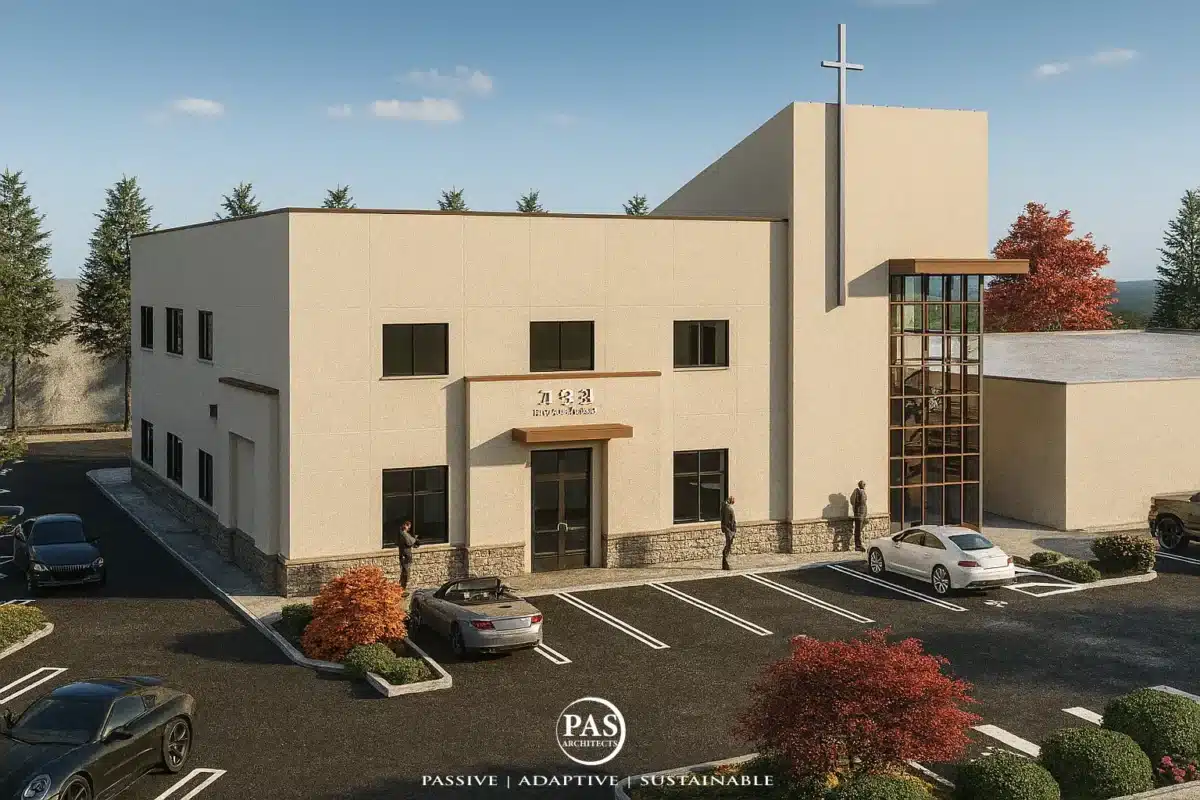 Rendering of Korean church renovation by PAS Architects showing updated facade design in Southwest LA.