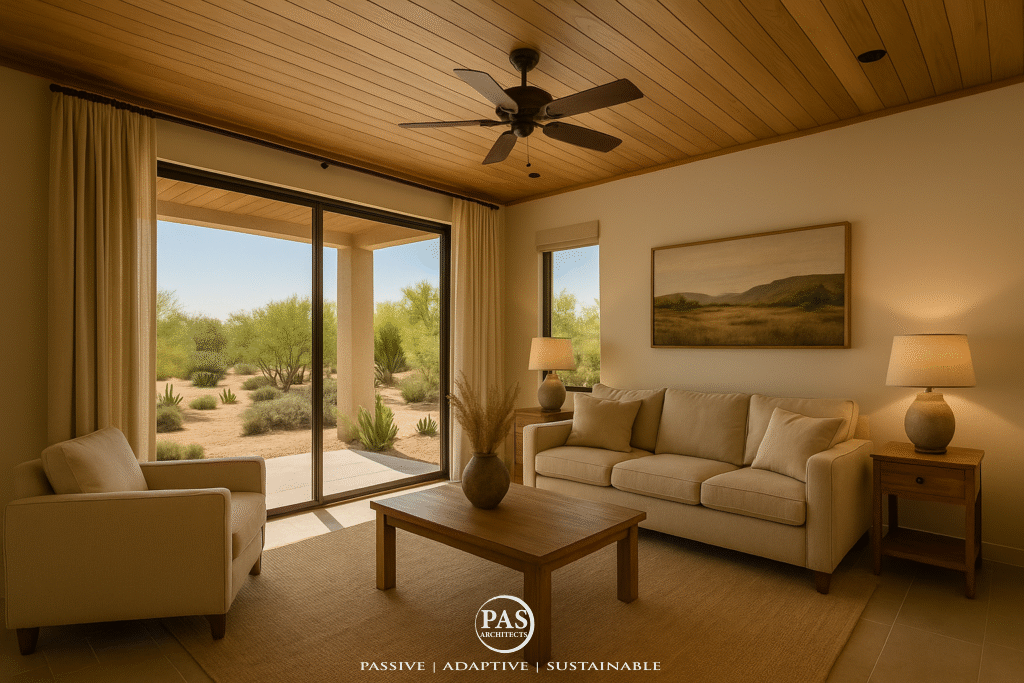 Desert-style living room with wood ceiling and large sliding glass doors