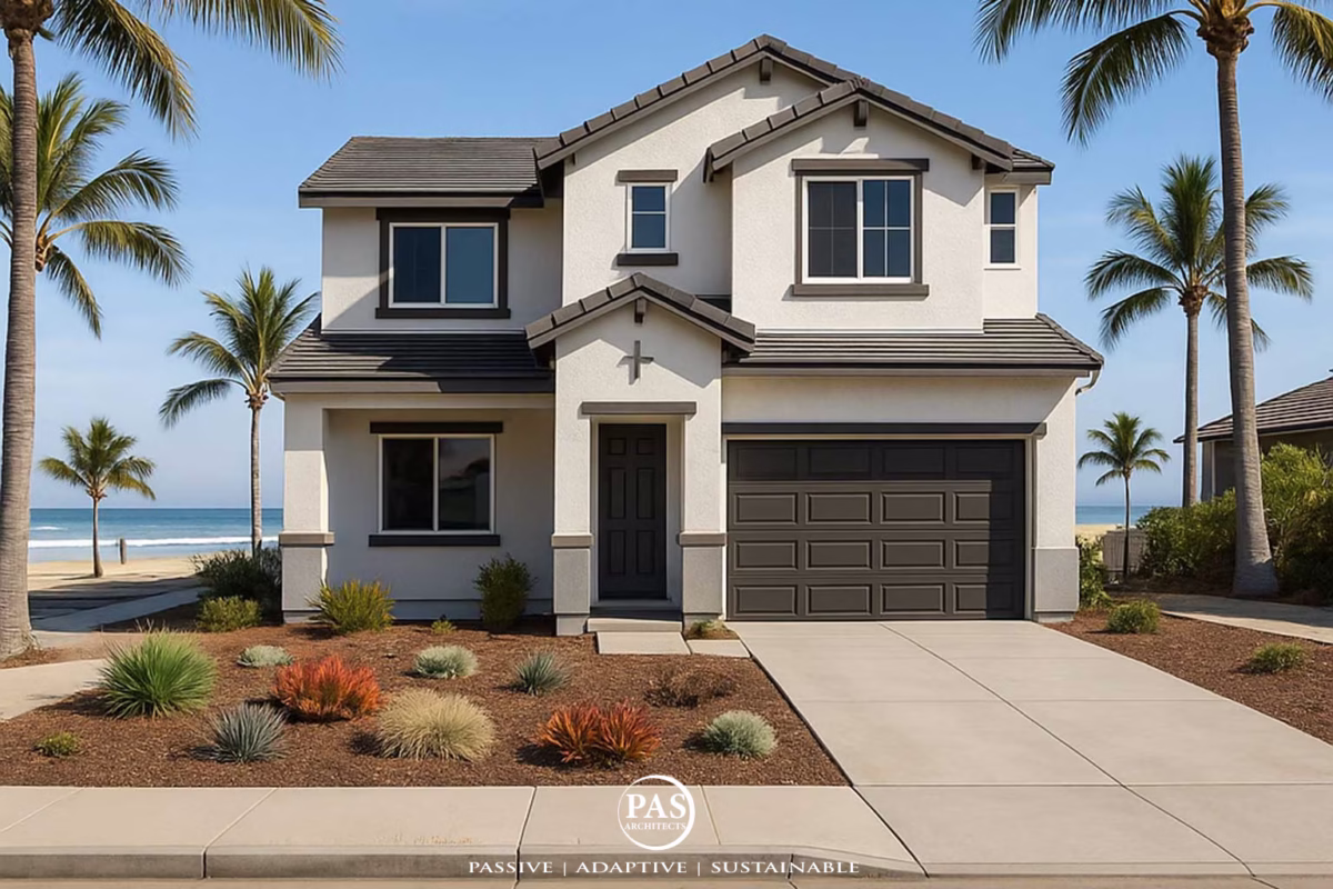 Modern California beach house with ocean view, palm trees, and drought-tolerant landscaping.