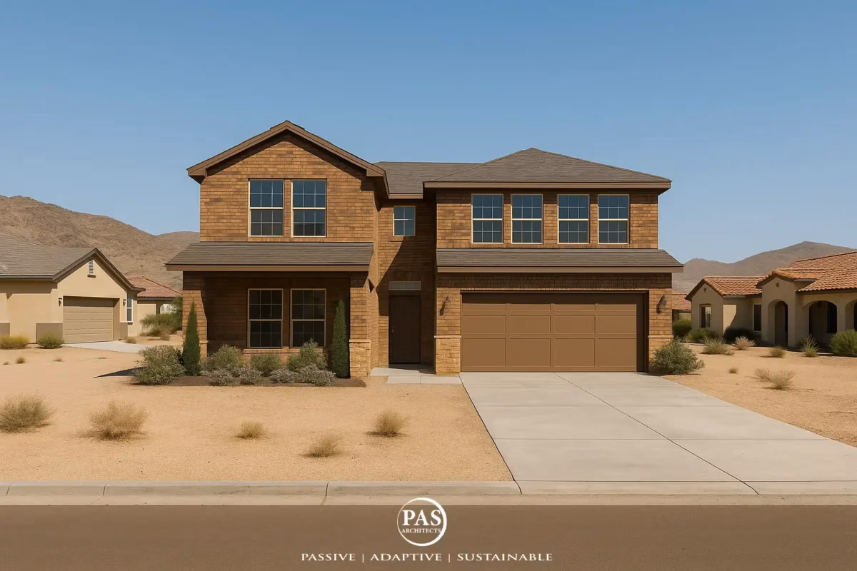 Two-story brick desert home design with low-maintenance landscaping