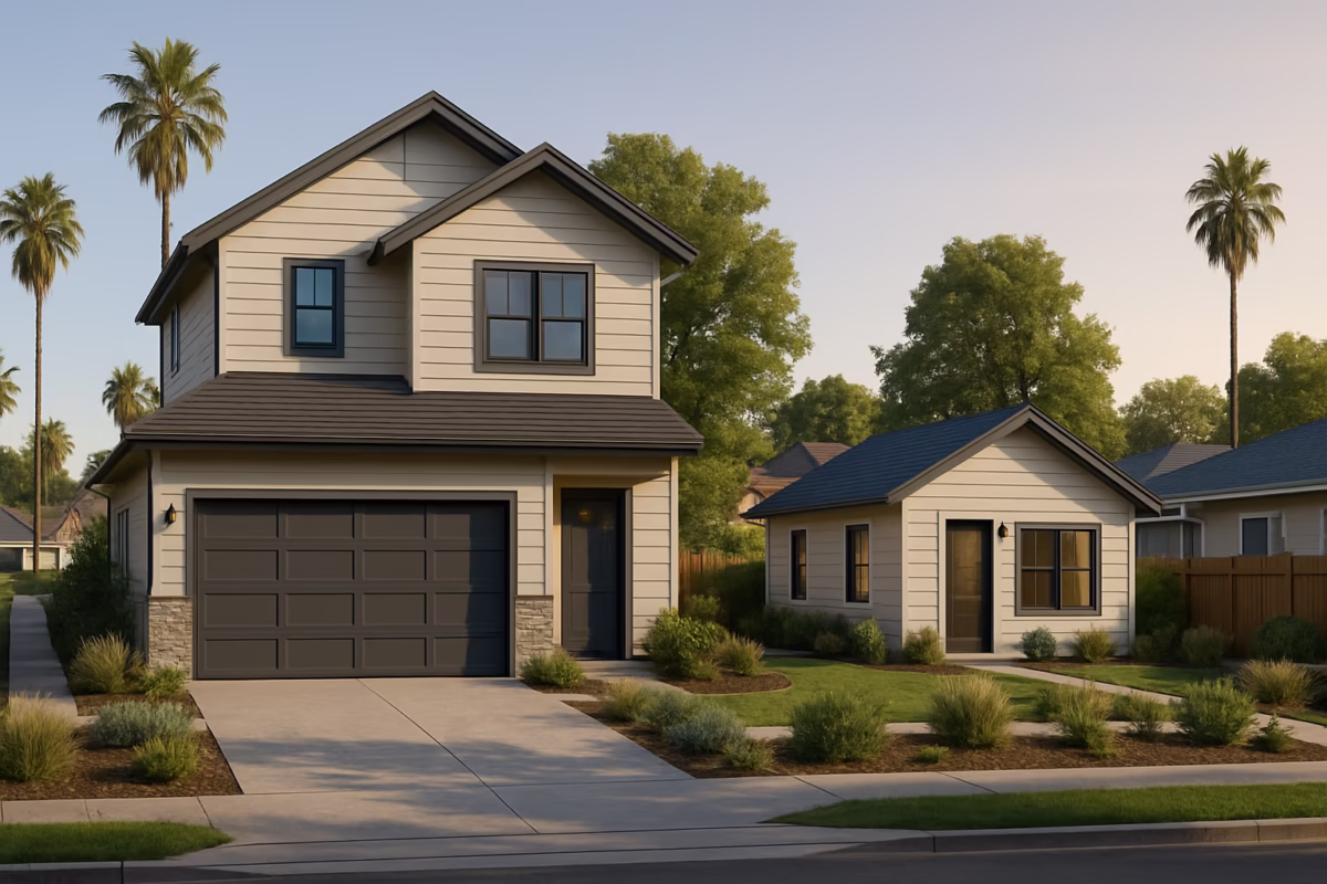 ADU architect-designed detached unit next to a modern two-story home with drought-tolerant landscaping in California.