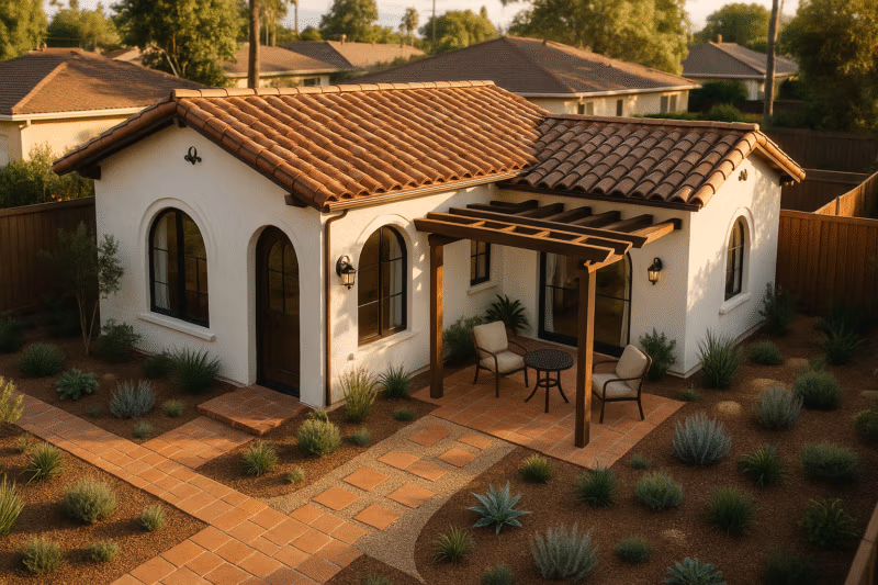 Aerial view of a Spanish-style ADU designed by a local ADU architect, featuring stucco walls and red tile roof in Southern California. permit-ready ADU