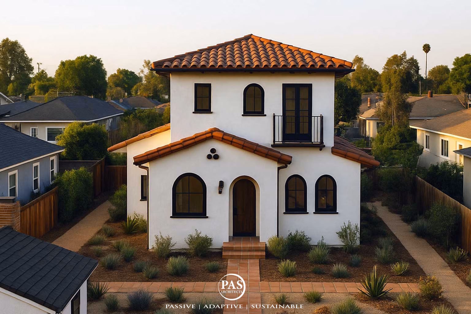 Spanish-style two-story backyard ADU designed by a local ADU architect, with stucco walls, clay tile roof, and drought-tolerant landscaping in California.