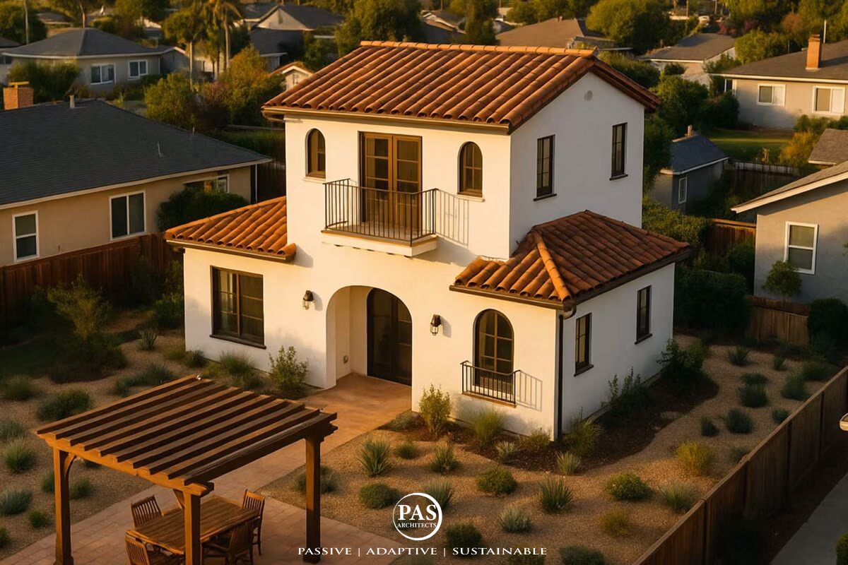 Two-story Spanish-style ADU designed by ADU Architect near Cerritos, California. permit-ready ADU