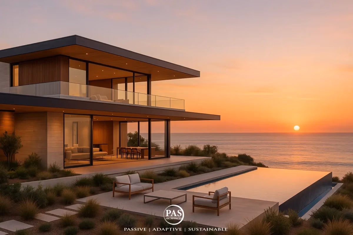 California modern coastal home with Terrace with lounge seating and panoramic ocean view