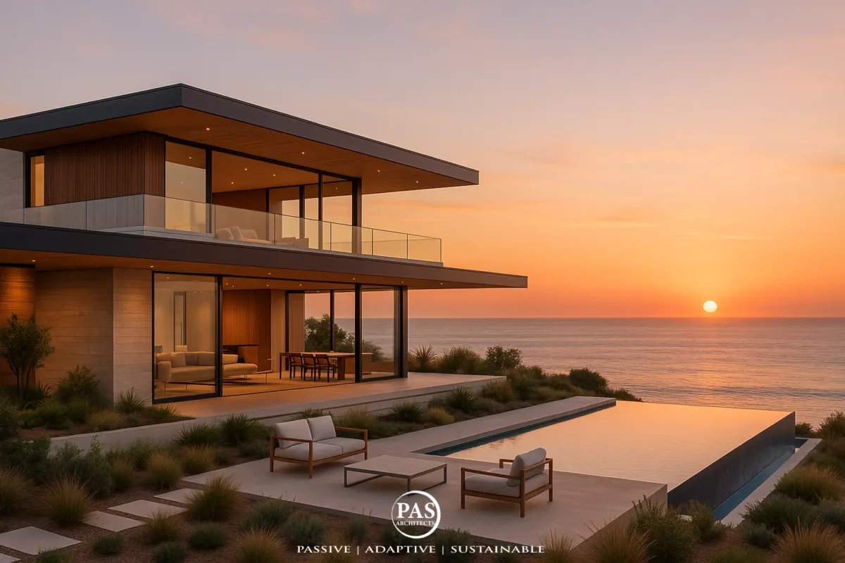 California modern coastal home with Terrace with lounge seating and panoramic ocean view