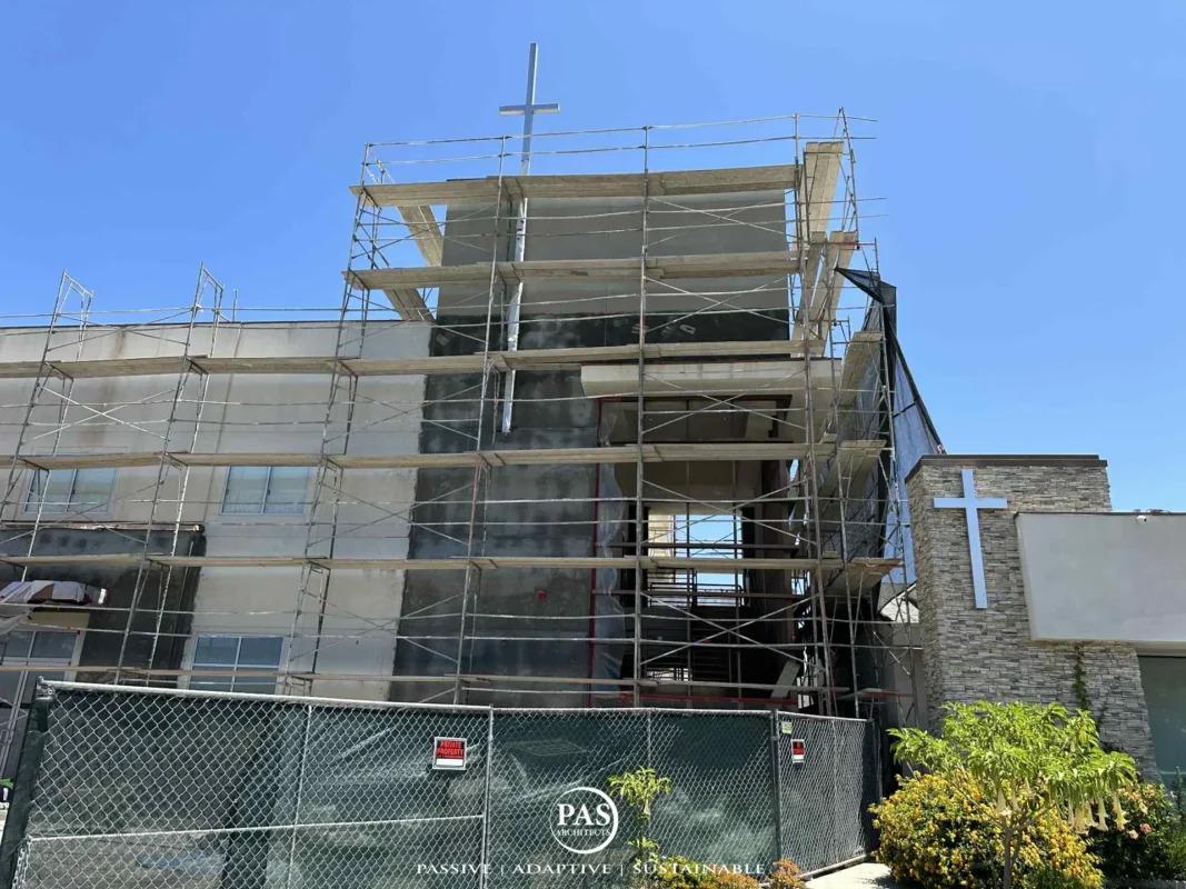 Frontal view of Korean Church of SW LA under scaffolding during facade renovation by PAS Architects.