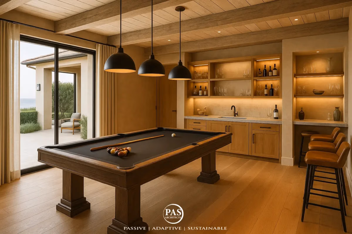 Modern game room with ocean-facing pool table and lounge area