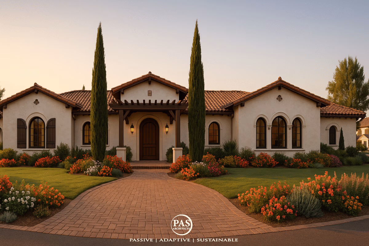 Spanish-style custom home with arched windows, tile roof, and lush Mediterranean landscaping