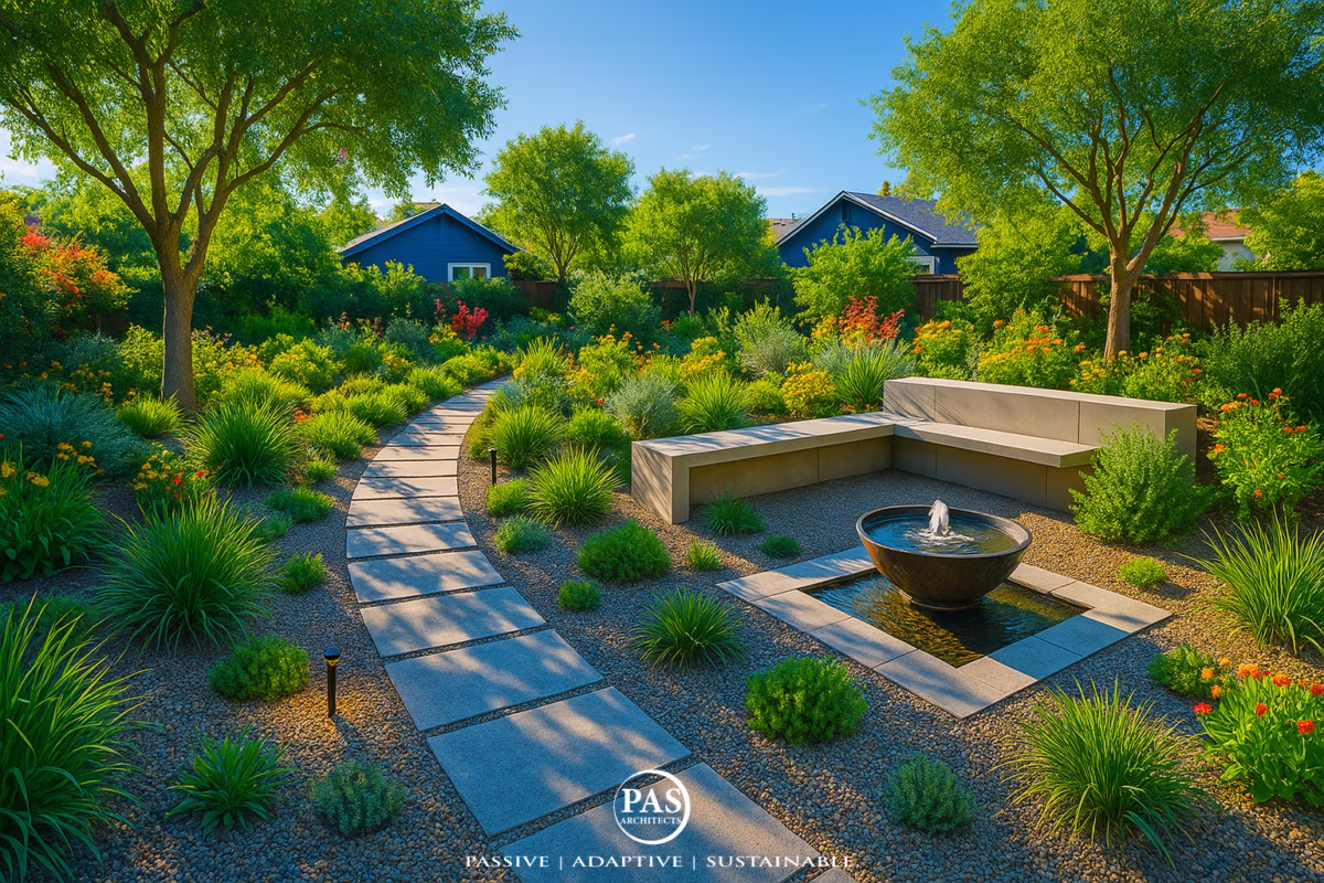 Vibrant modern backyard landscape with native plants, concrete path, and sculptural fountain - Landscape Architect