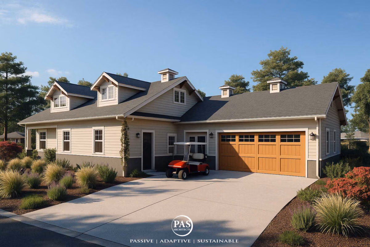 Front view of Scherer House showing autism-sensitive home expansion with garage, art studio, and sustainable landscape design by PAS Architects.
