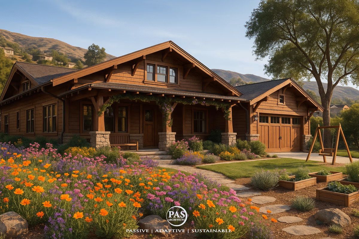 Craftsman-style sustainable home with timber details, flowering garden, and hillside setting - integrated architectural design