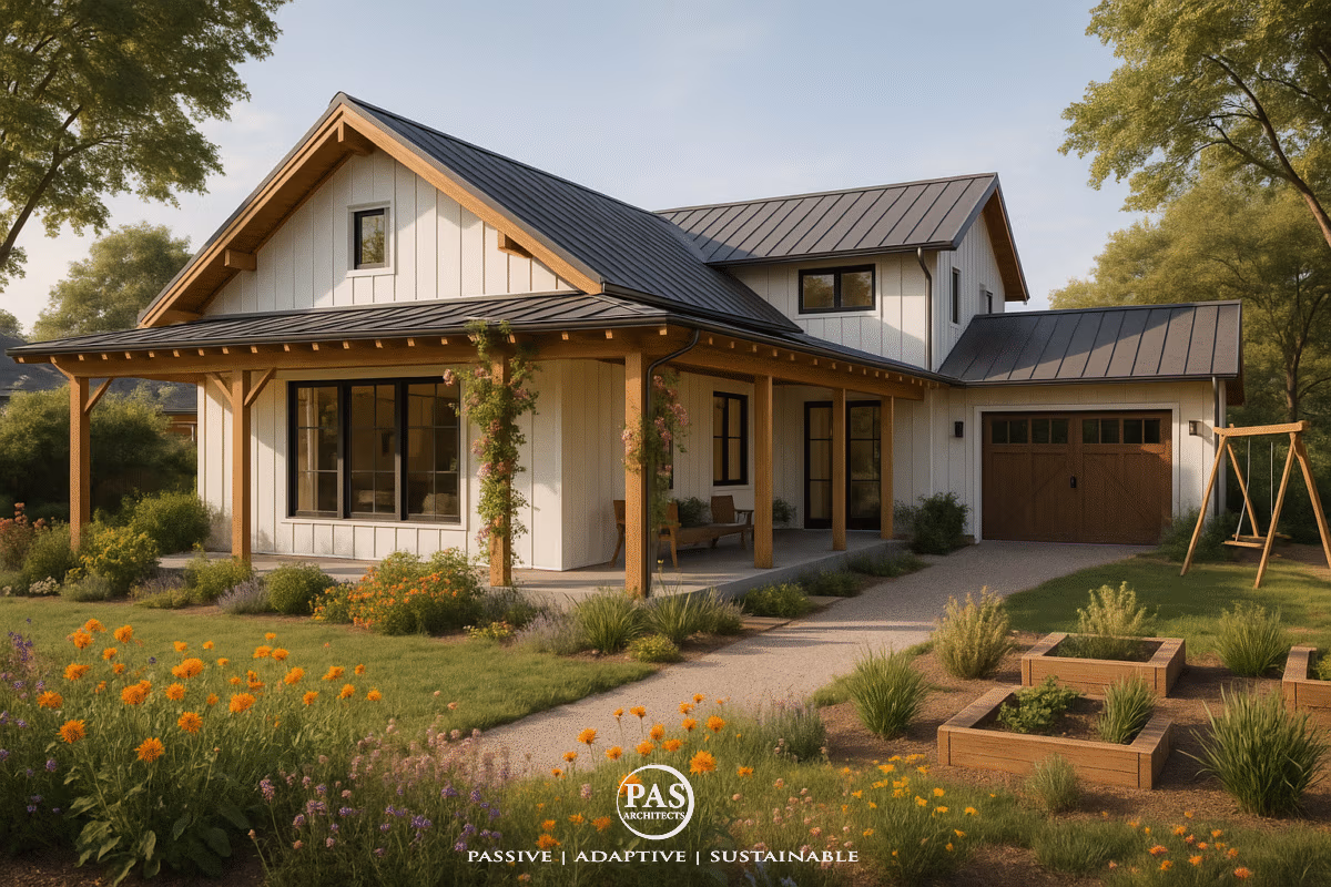 Modern farmhouse with sustainable design, wood trellis, native flowers, swing set, and raised garden beds - adaptive architecture