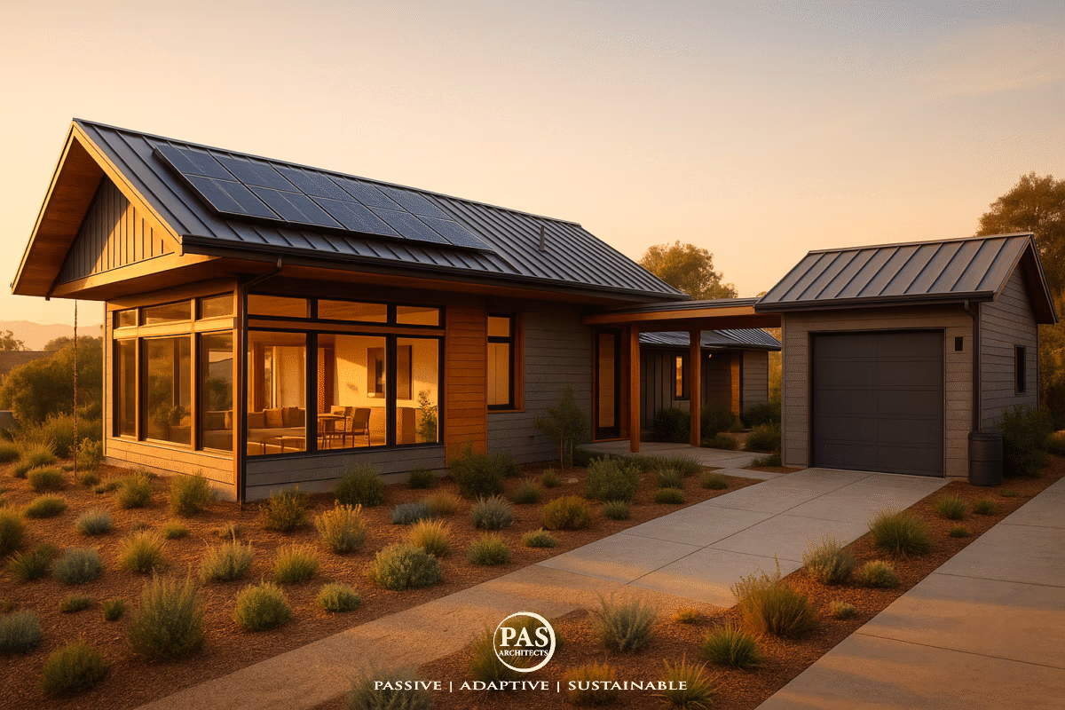 PAS Architecture Blog 9 Sustainable home design with passive solar features, solar panels, and native landscaping in Southern California