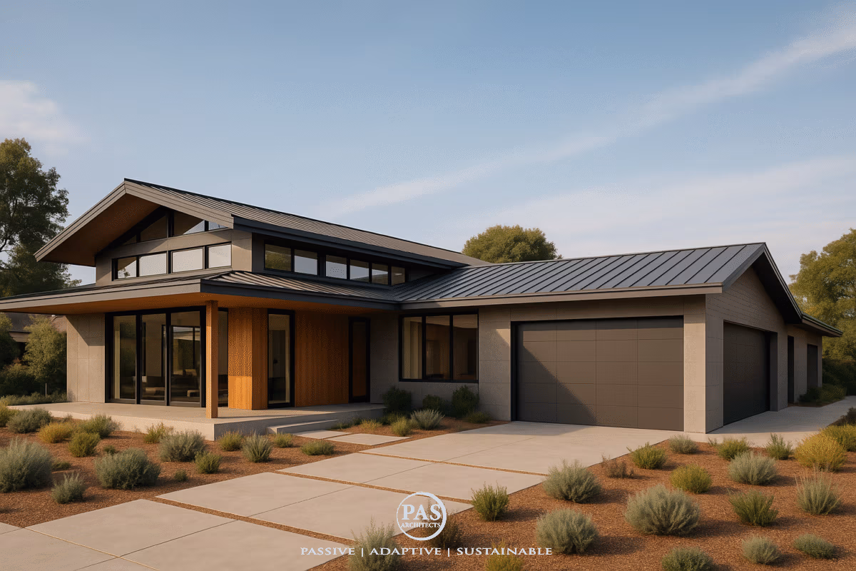 Large modern passive home with sustainable design, deep roof overhangs, and native landscaping in Southern California