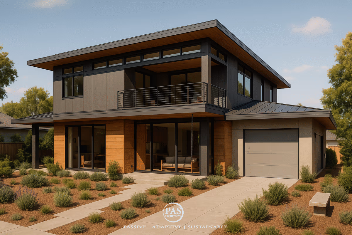 Two-story modern home showcasing sustainable design with passive solar features and native landscaping