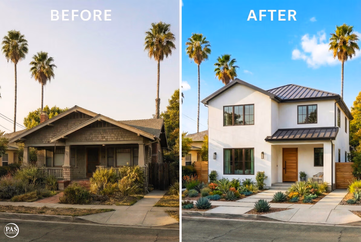 Multifamily Architect 5 Before-and-after exterior remodel showing a Craftsman bungalow transformed into a clean modern two-story home with white stucco, black standing-seam metal roof, new windows, and drought-tolerant landscaping.