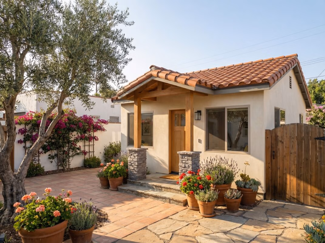PAS400 Studio ADU Floor Plan 400 Sq Ft Compact Layout 1 PAS400 studio ADU exterior with stucco walls clay tile roof and landscaped patio