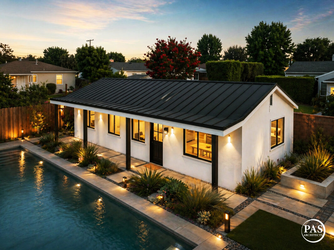 Modern 1000 sq ft ADU exterior with standing seam metal roof, white stucco walls, warm interior lighting, and landscaped yard with poolside setting at dusk