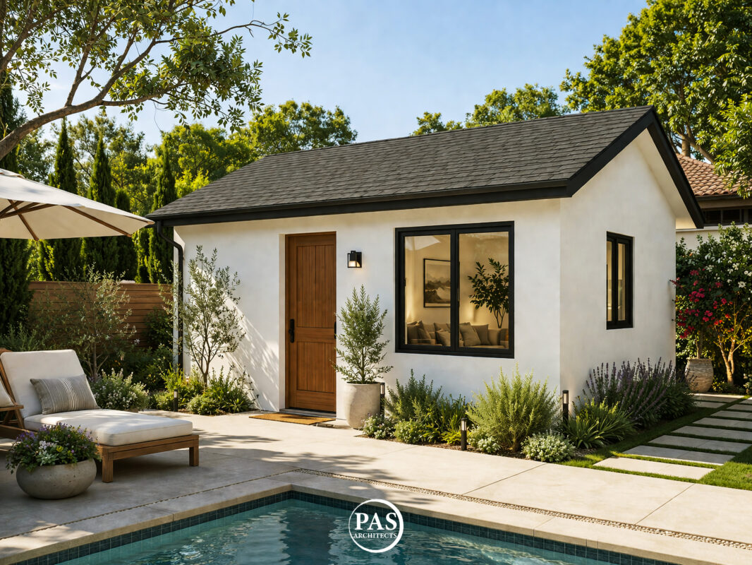 350 sq ft studio ADU exterior with pool backyard California PAS350