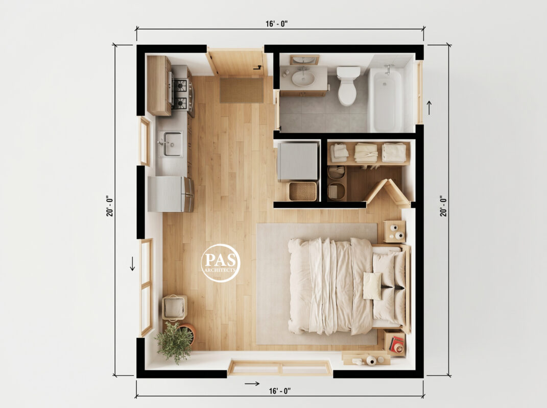 320 sq ft ADU floor plan studio layout compact backyard unit PAS320 California