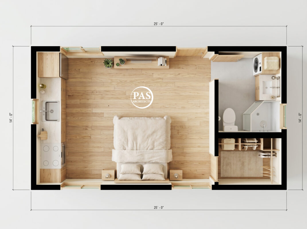 350 sq ft ADU floor plan studio layout PAS350 California