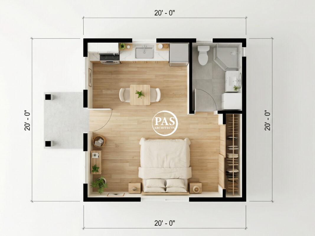 400 sq ft ADU floor plan studio layout PAS400 compact backyard unit California