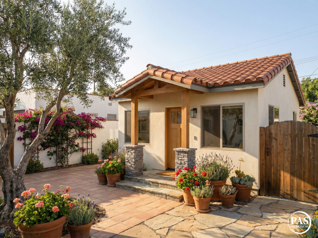 PAS400 studio ADU exterior with stucco walls clay tile roof and landscaped patio