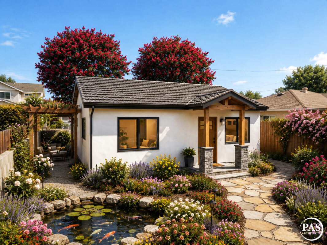660 sq ft ADU exterior landscaped backyard garden 1 bedroom California PAS660