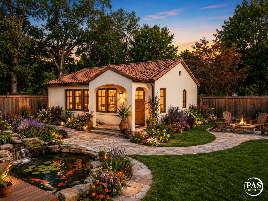 748 sq ft ADU Spanish style exterior backyard garden evening 2 bedroom 2 bath California PAS748B