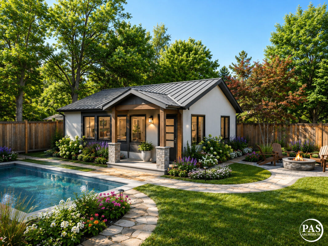 748 sq ft ADU exterior backyard pool garden 2 bedroom 2 bath California PAS748B