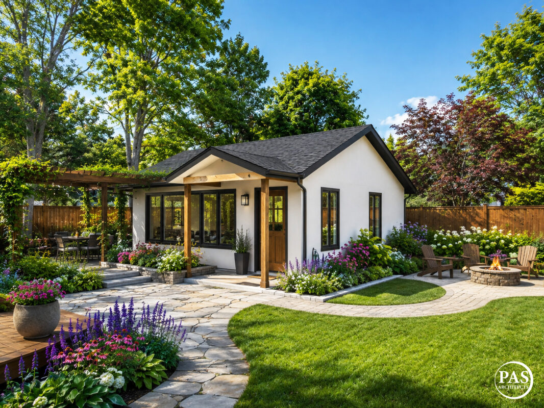 748 sq ft ADU exterior backyard garden path outdoor living 2 bedroom 2 bath California PAS748B