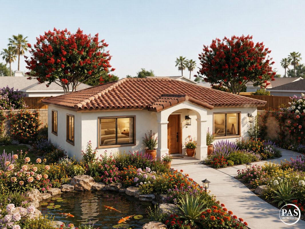 748 sq ft ADU Spanish style exterior 2 bedroom backyard home California PAS748